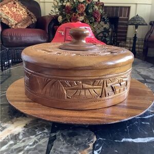 Vintage large carved wooden lazy Susan cake plate stand